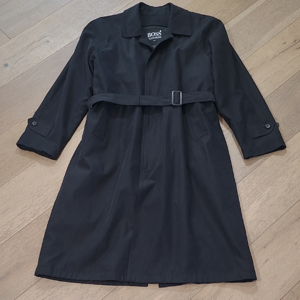 EUC BOSS Hugo Boss Trench Coat Men's sz XXL Black Microsuede Long Coat